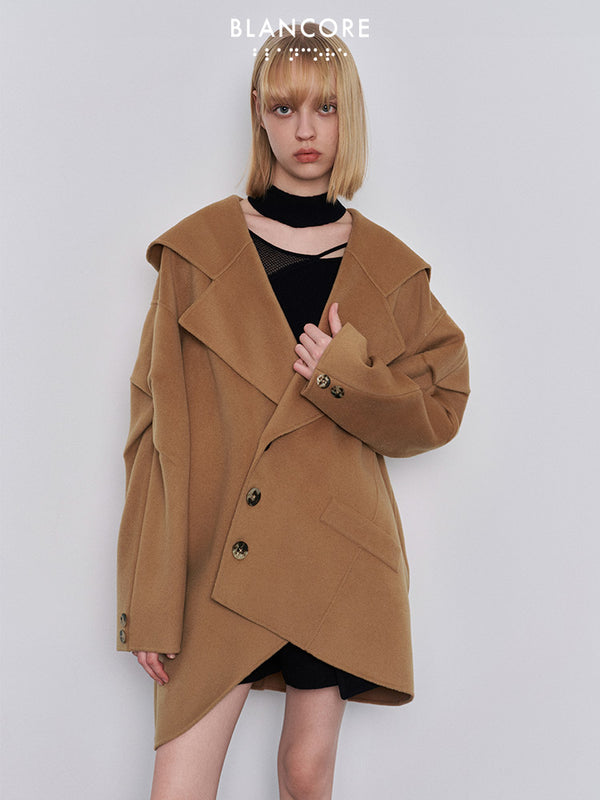 hooded coat with asymmetrical placket