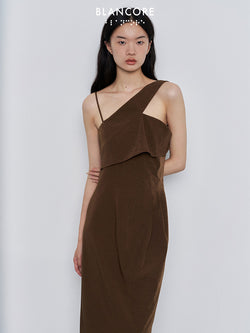 asymmetrical shoulder high split dress