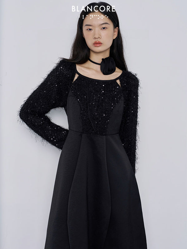 A sequined dress with a low waist
