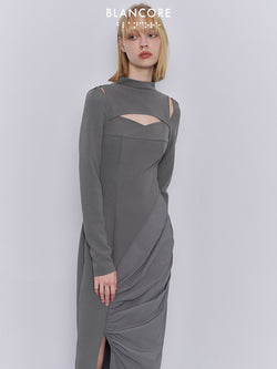 pleated paneled cut out slim fit dress