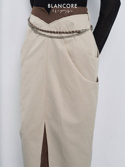 Fake 2-piece long skirt with mid-front slit