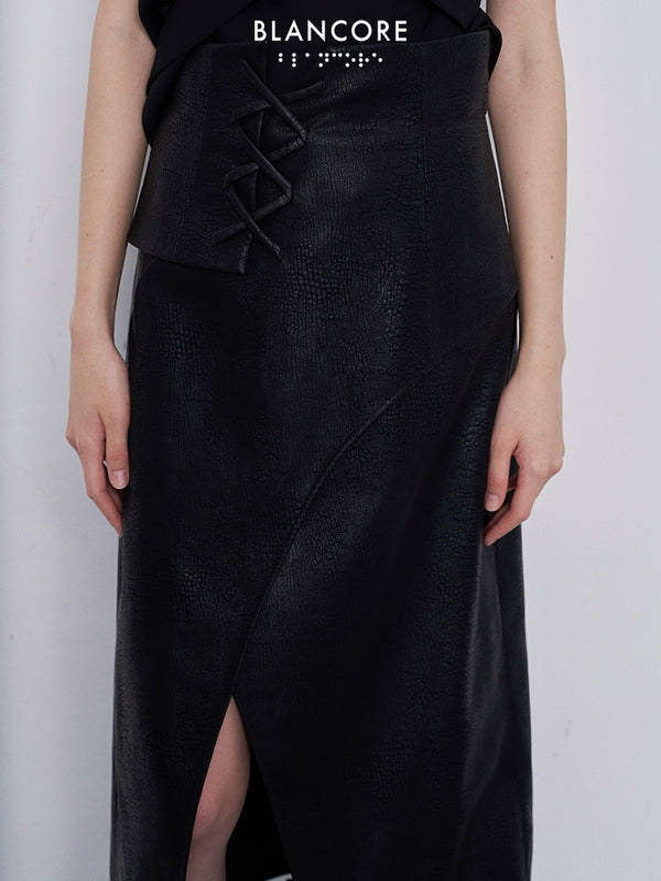 leather paneled midi skirt