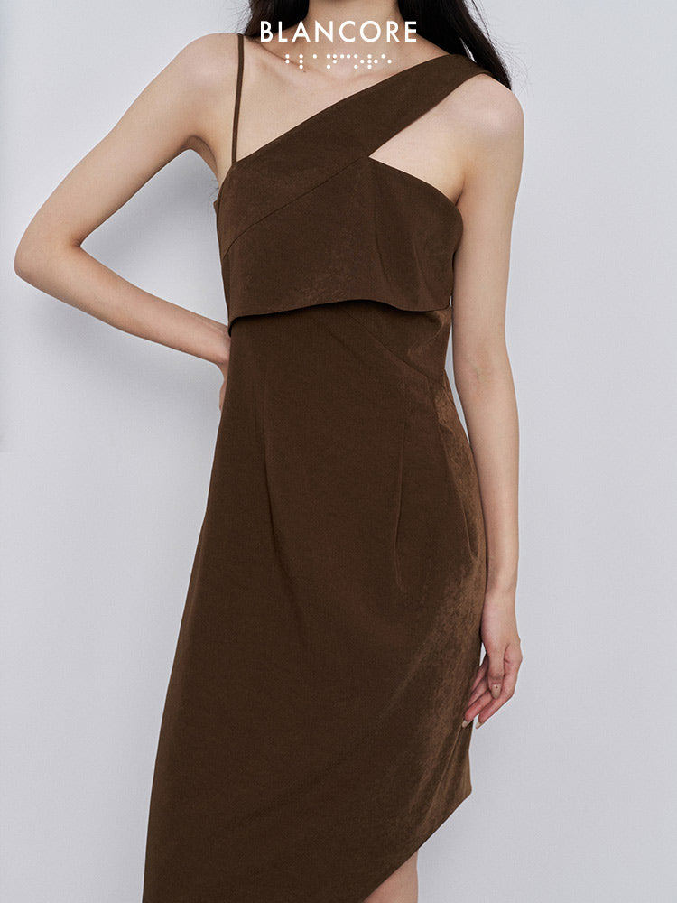 asymmetrical shoulder high split dress