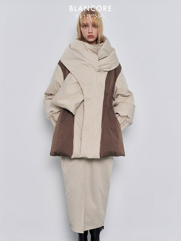 fit waist down jacket with scarf