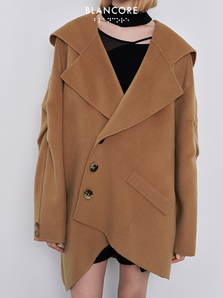 hooded coat with asymmetrical placket