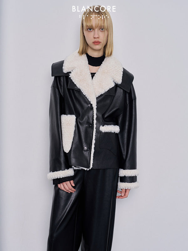 large lapel coat with detachable faux leather