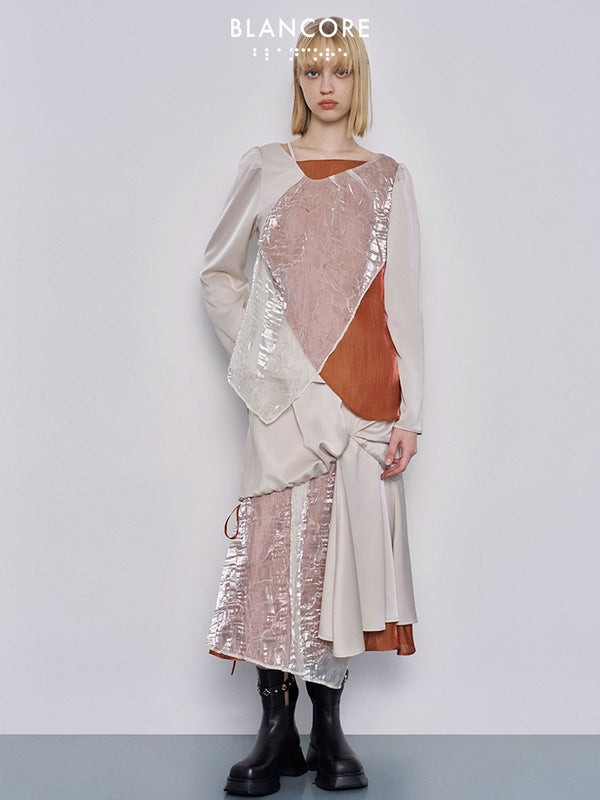 mesh paneled color block pleated skirt
