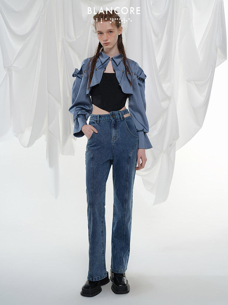 Hollow-out flared jeans