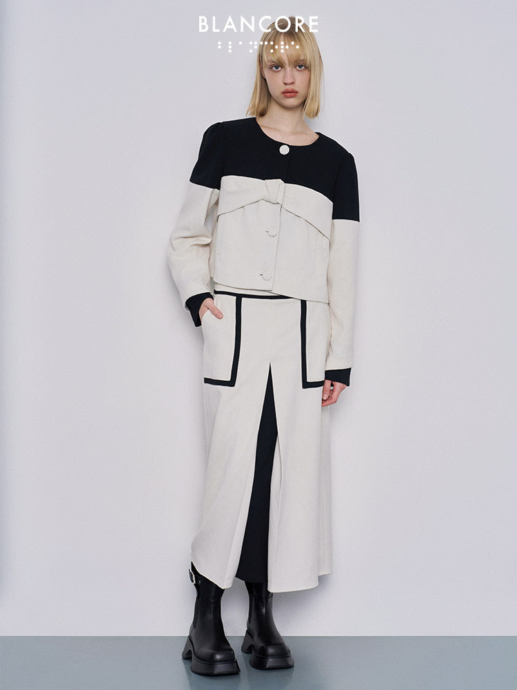 color block bow detailed collarless coat