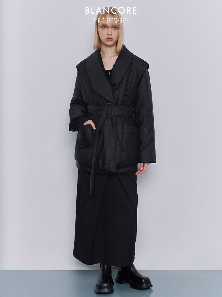 belt down jacket with detachable sleeve