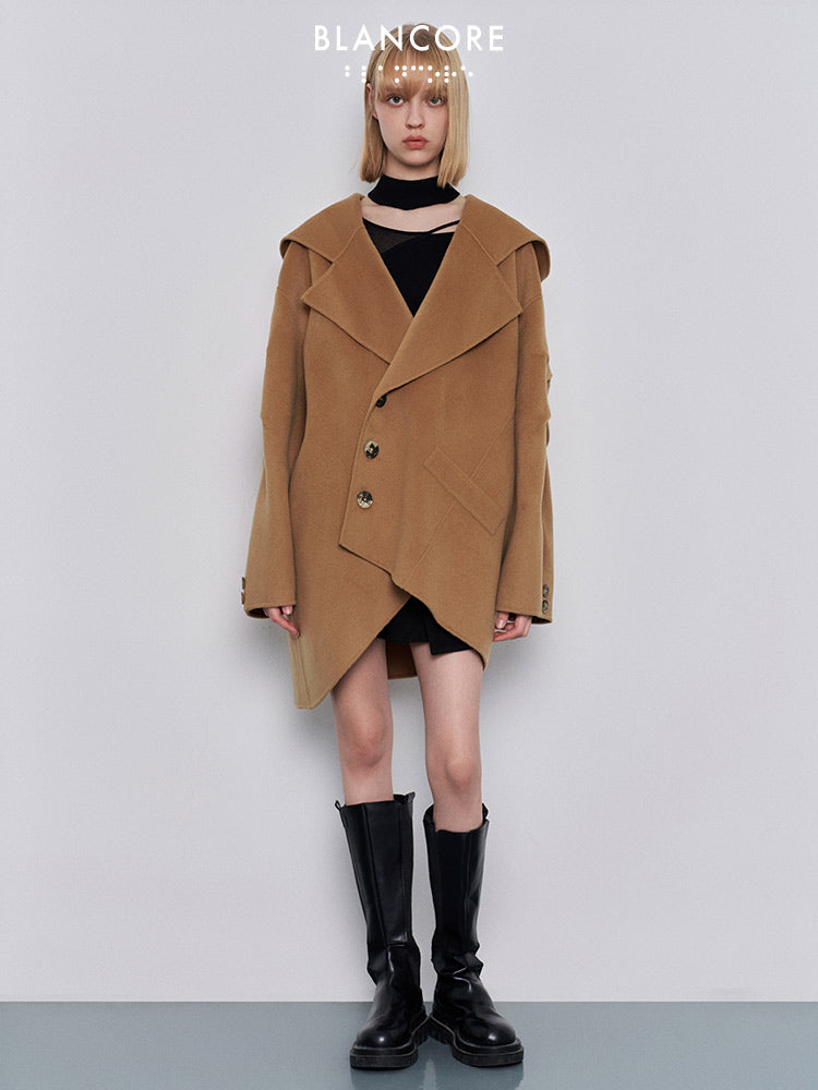 hooded coat with asymmetrical placket