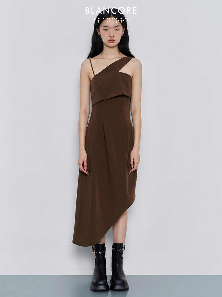 asymmetrical shoulder high split dress