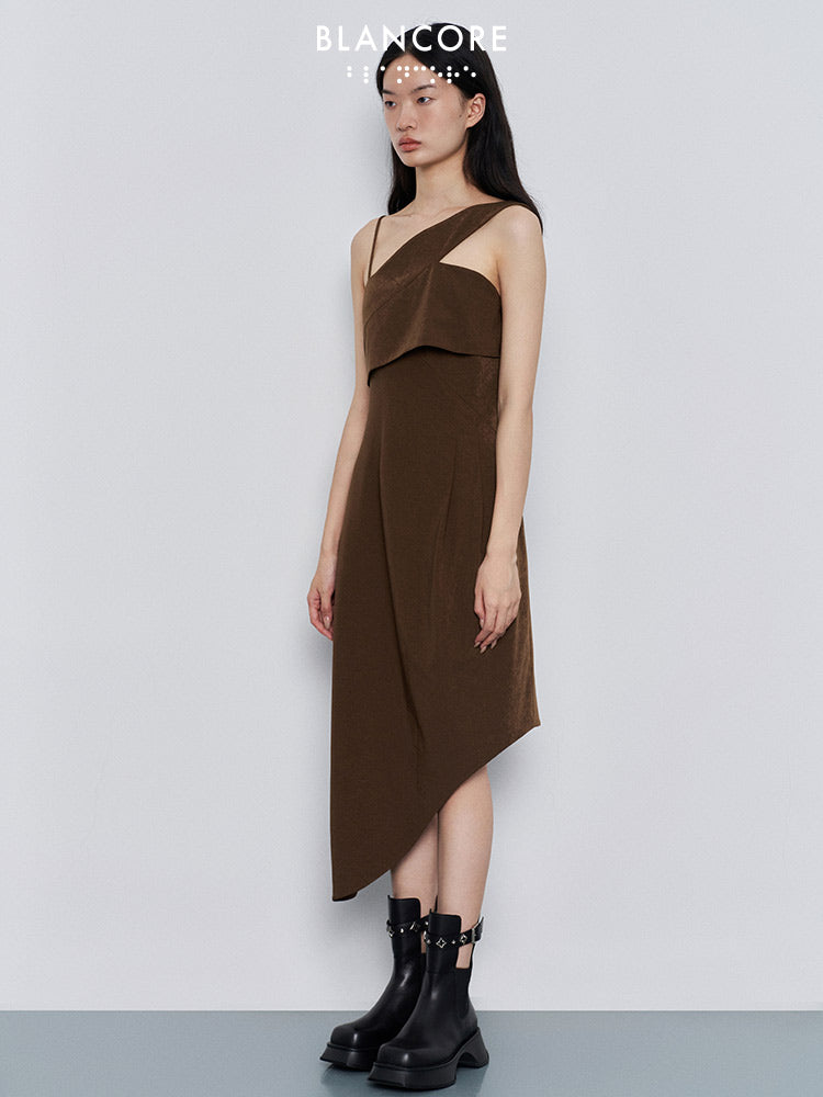 asymmetrical shoulder high split dress