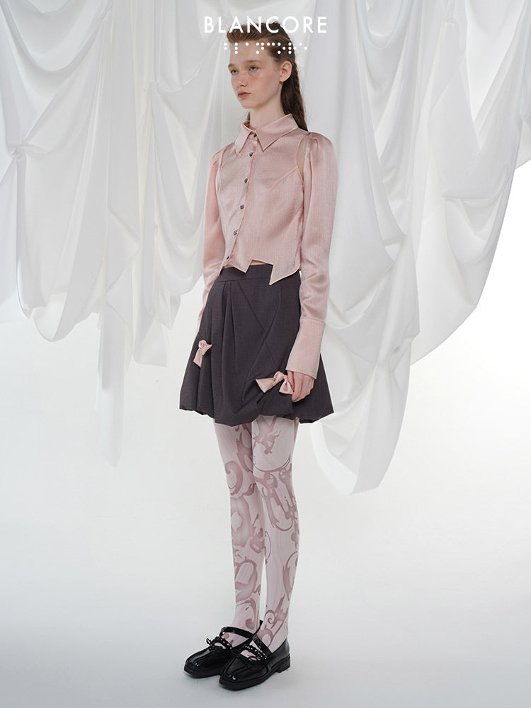 Asymmetrical ruched "bud" shorts with bow