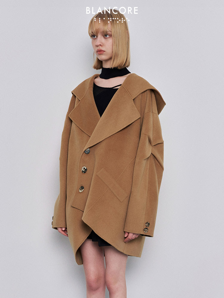 hooded coat with asymmetrical placket