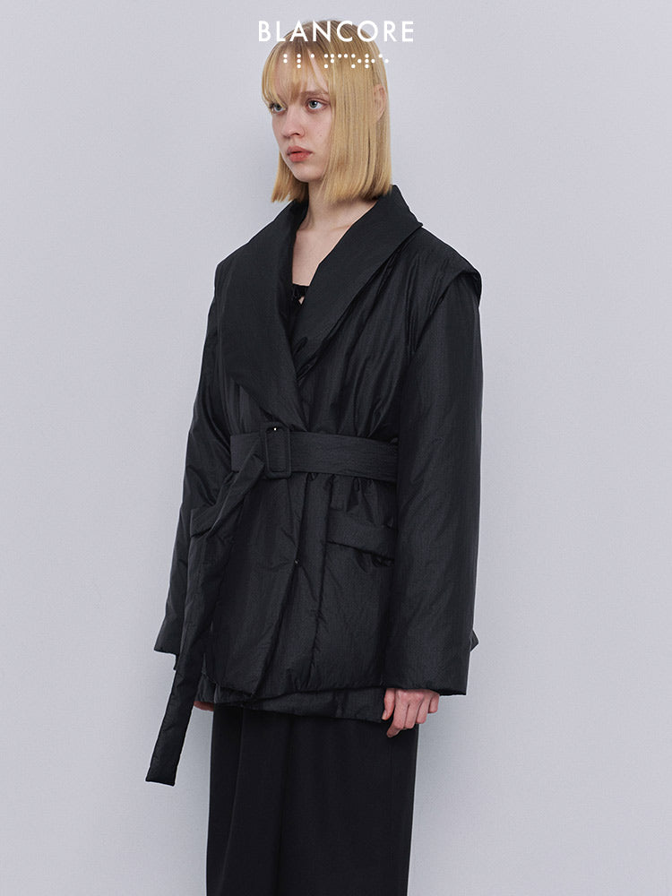 belt down jacket with detachable sleeve