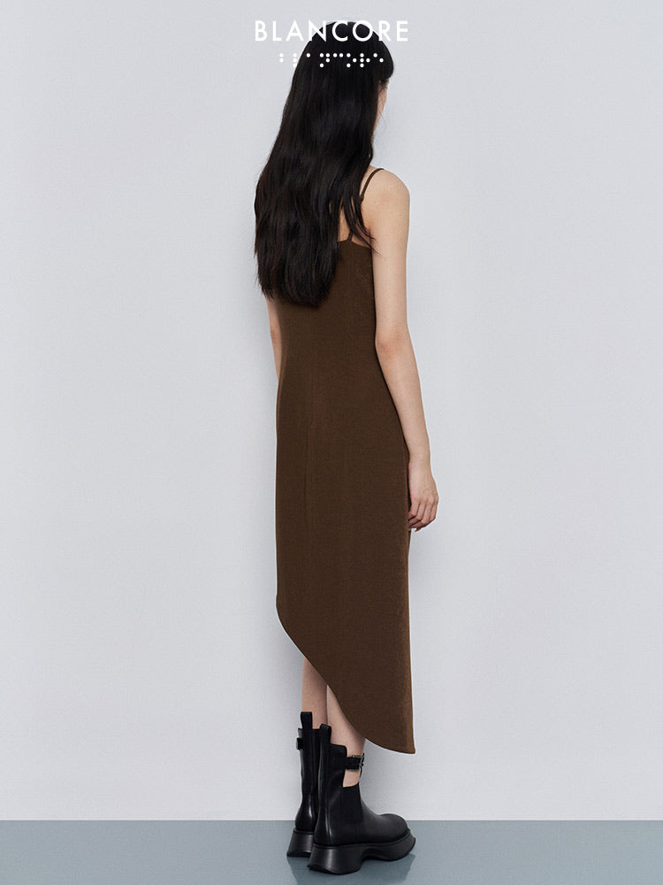 asymmetrical shoulder high split dress