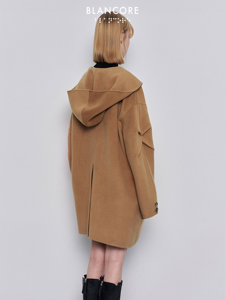 hooded coat with asymmetrical placket