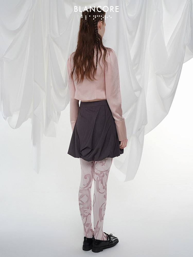 Asymmetrical ruched "bud" shorts with bow