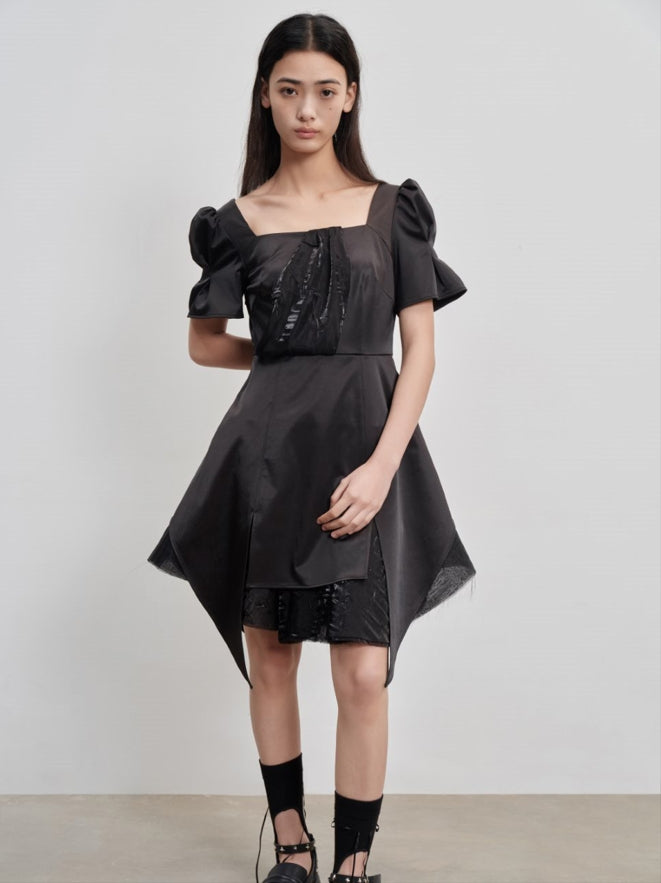 asymmetrical dress with puff sleeve