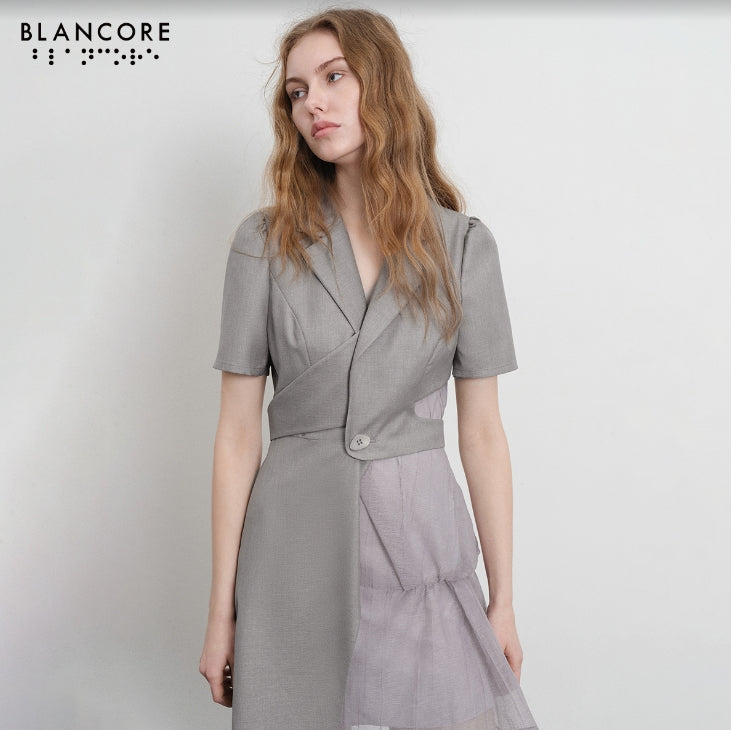 asymmetrical mesh paneled blazer dress