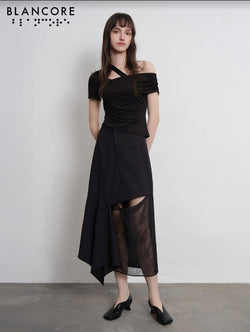 cut-out printed paneled midi skirt