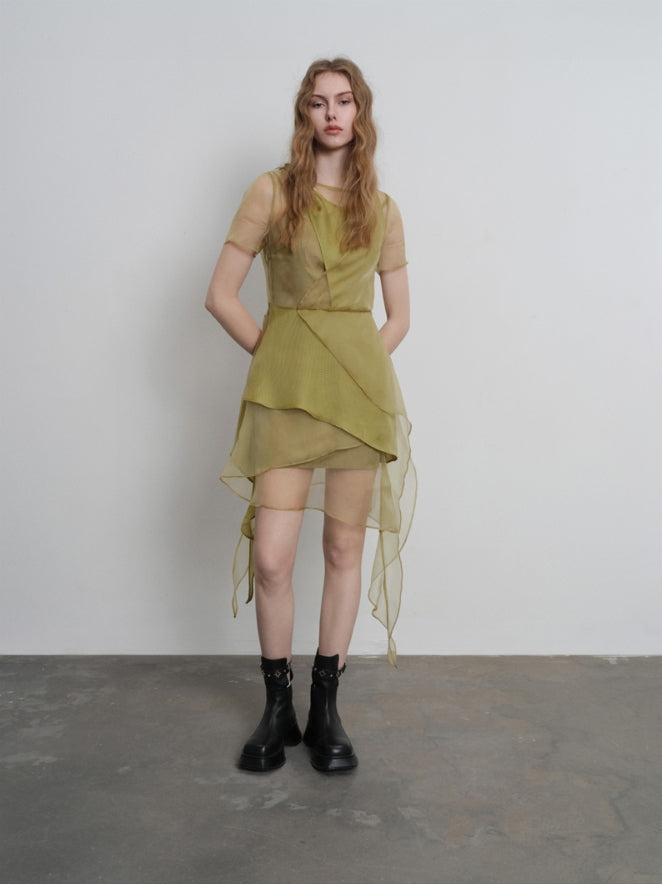 layered wavy mesh paneled dress