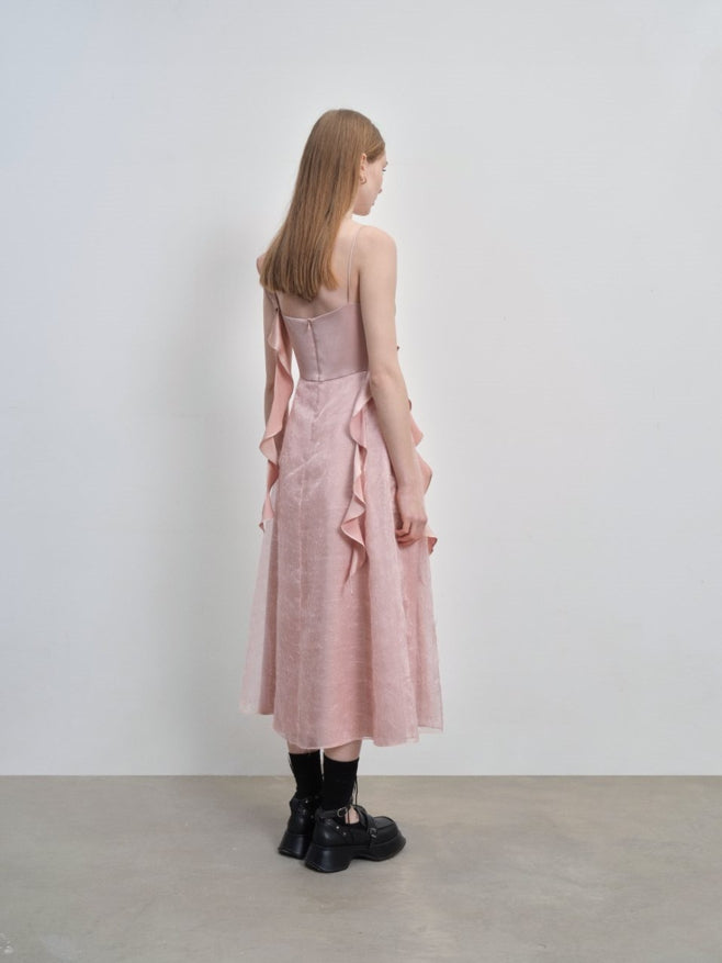 mesh paneled asymmetrical pleated dress