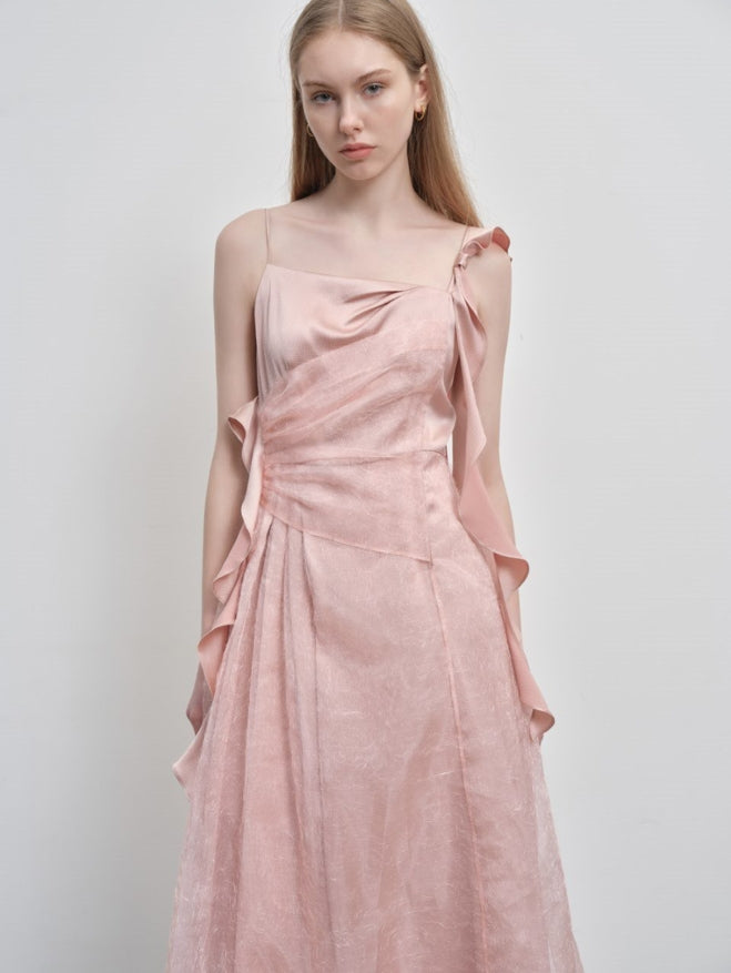mesh paneled asymmetrical pleated dress