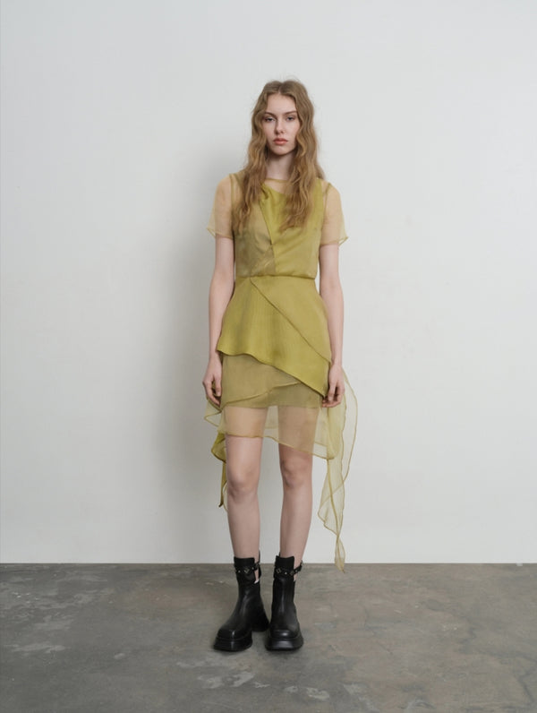 layered wavy mesh paneled dress