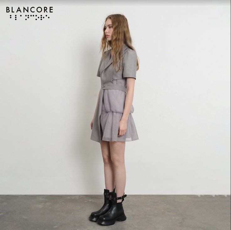 asymmetrical mesh paneled blazer dress