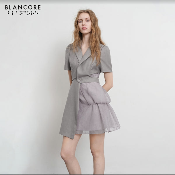 asymmetrical mesh paneled blazer dress