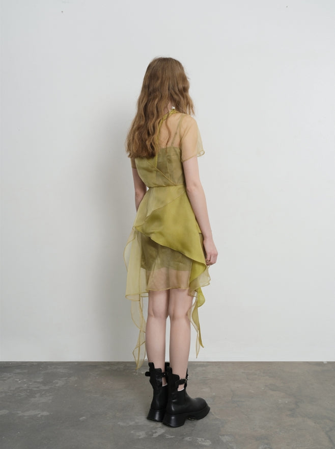 layered wavy mesh paneled dress