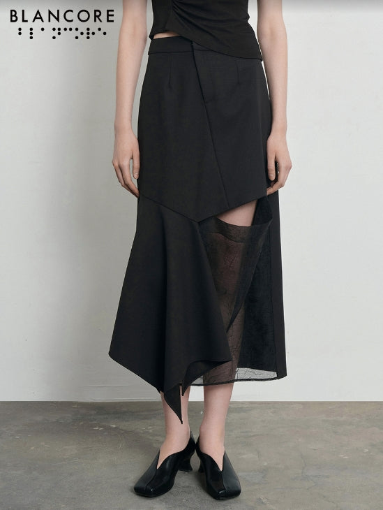 cut-out printed paneled midi skirt