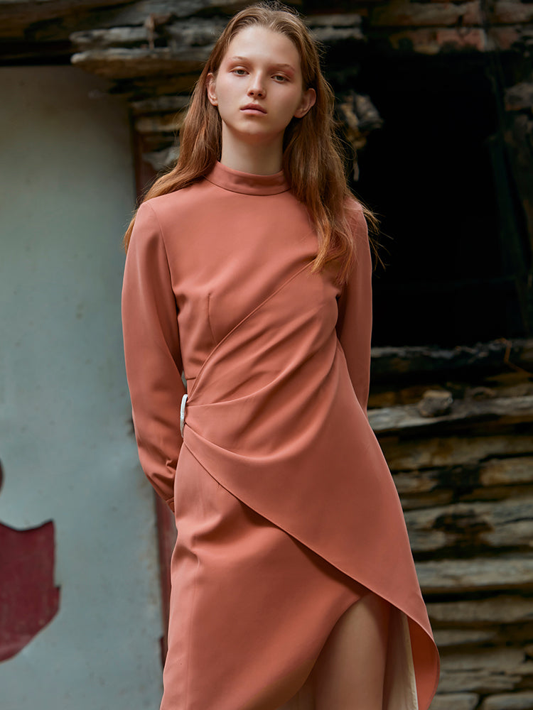 WRAPPED ASYMMETRIC STAND COLLAR DRESS