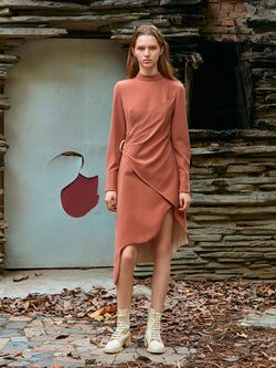 WRAPPED ASYMMETRIC STAND COLLAR DRESS