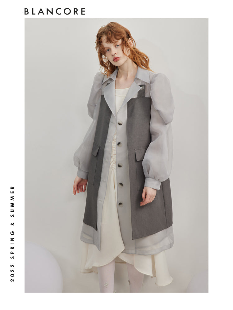 Mesh Paneled Trench Coat With Puff Sleeves