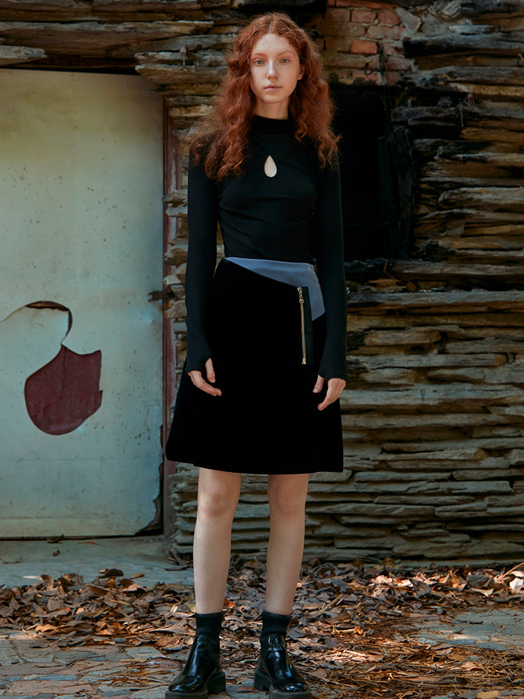 COLOR BLOCK VELVET SKIRT