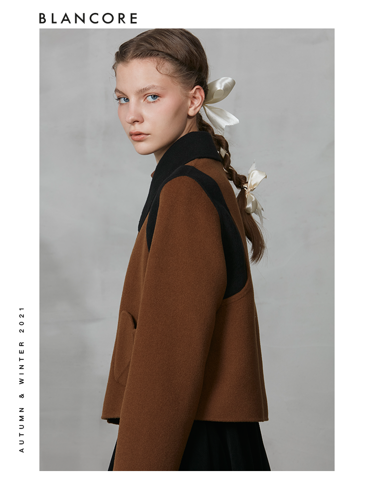 Wool Coat With Black Curved Collar And "Hollow-Out" Shoulder Detail