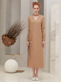 Pleats Panelled V-neck Dress