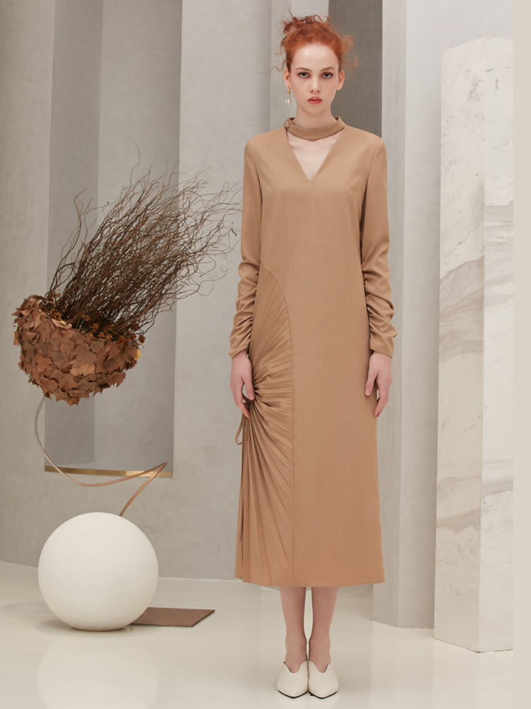 Pleats Panelled V-neck Dress