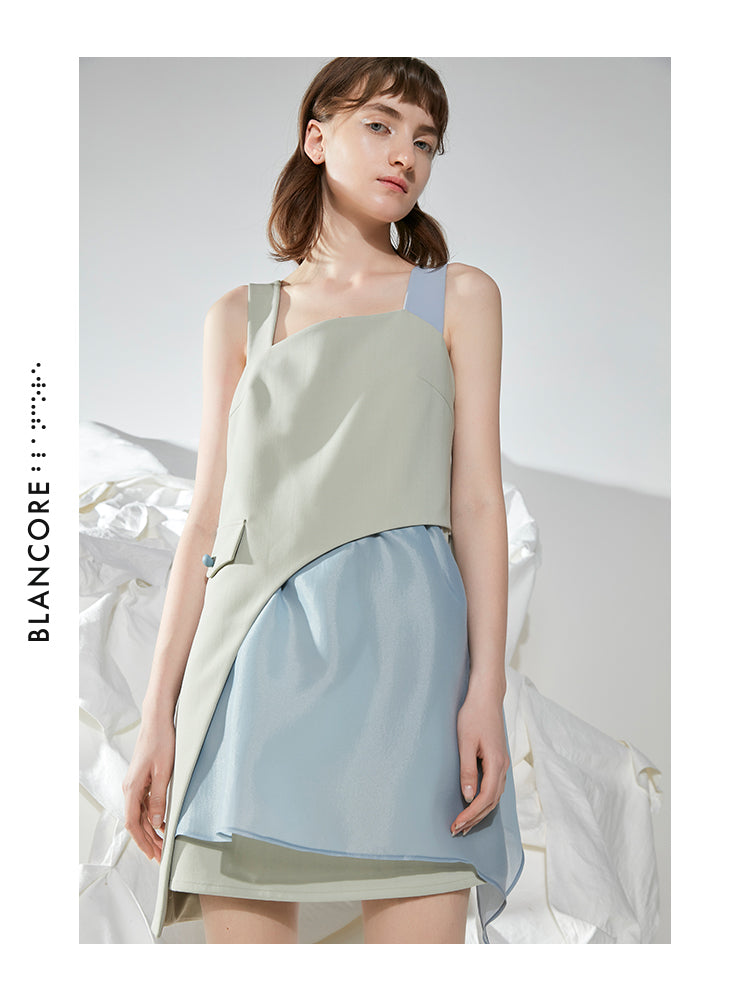 COLOR BLOCK MESH PANELLED STRAP DRESS