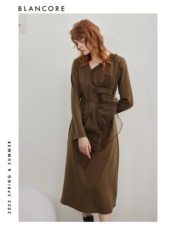 Mesh Paneled Long Sleeve Dress With Belt