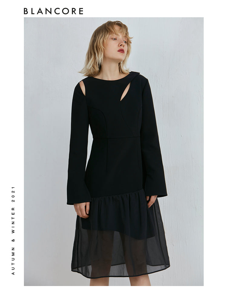 Mesh-Panelled Long Sleeve Dress With Asymmetrical Bottom