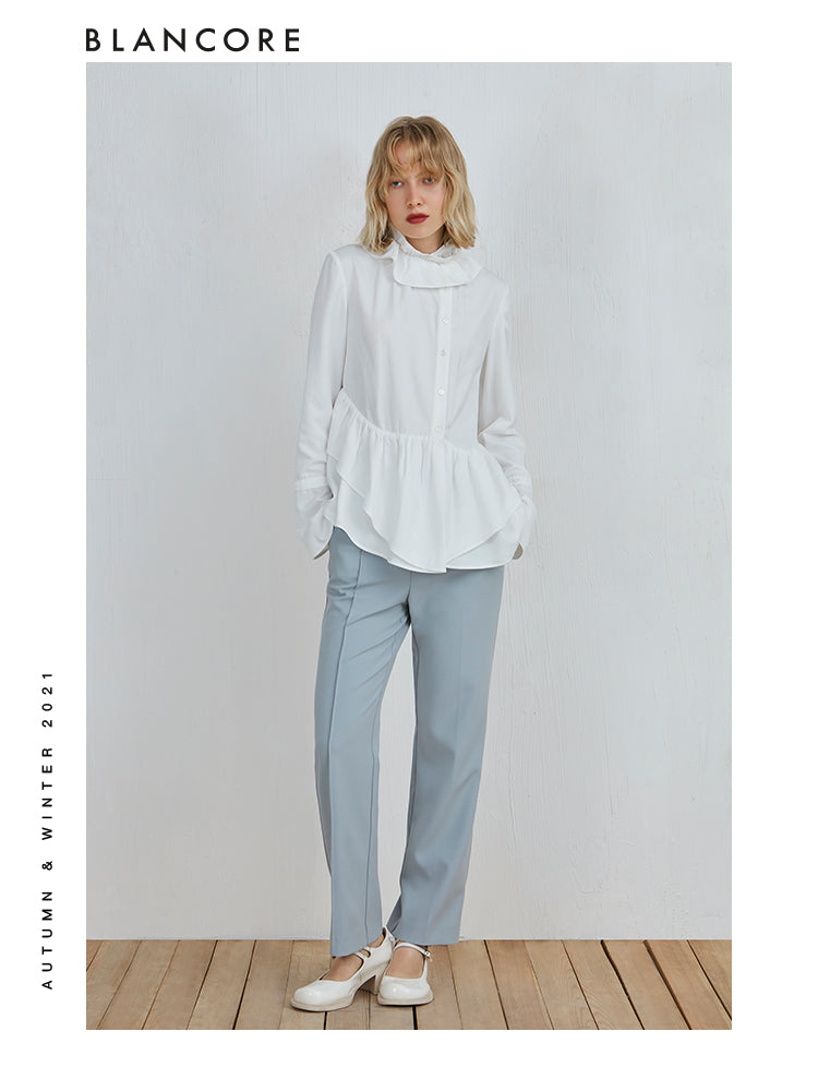 Standing Collar Shirt With Ruffle Detail