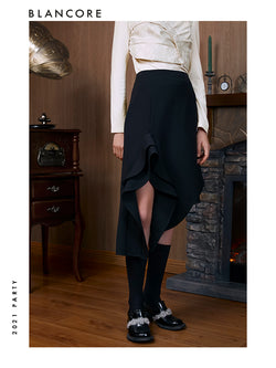 Asymmetrical Layered Ruffle Split Skirt