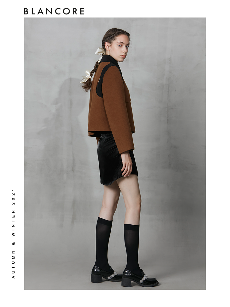 Wool Coat With Black Curved Collar And "Hollow-Out" Shoulder Detail