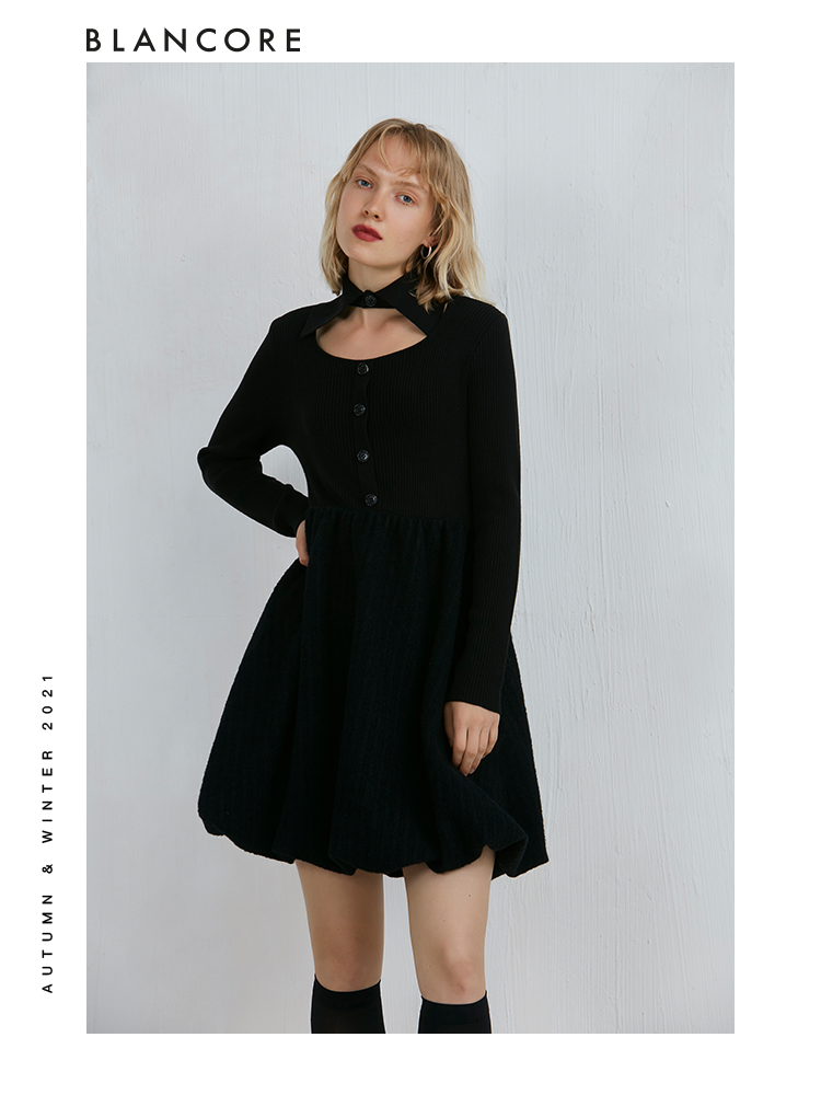 Black Knit Dress With Oversized Pockets