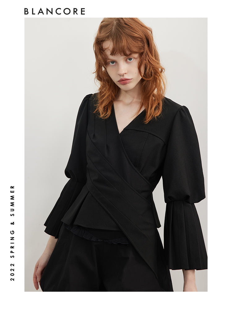 Asymmetrical Wrapped Top With Puff Sleeves