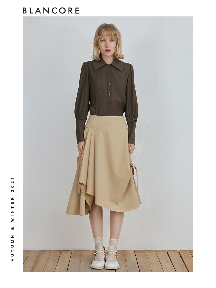 Khaki Asymmetrical Skirt With Bowtie Detail